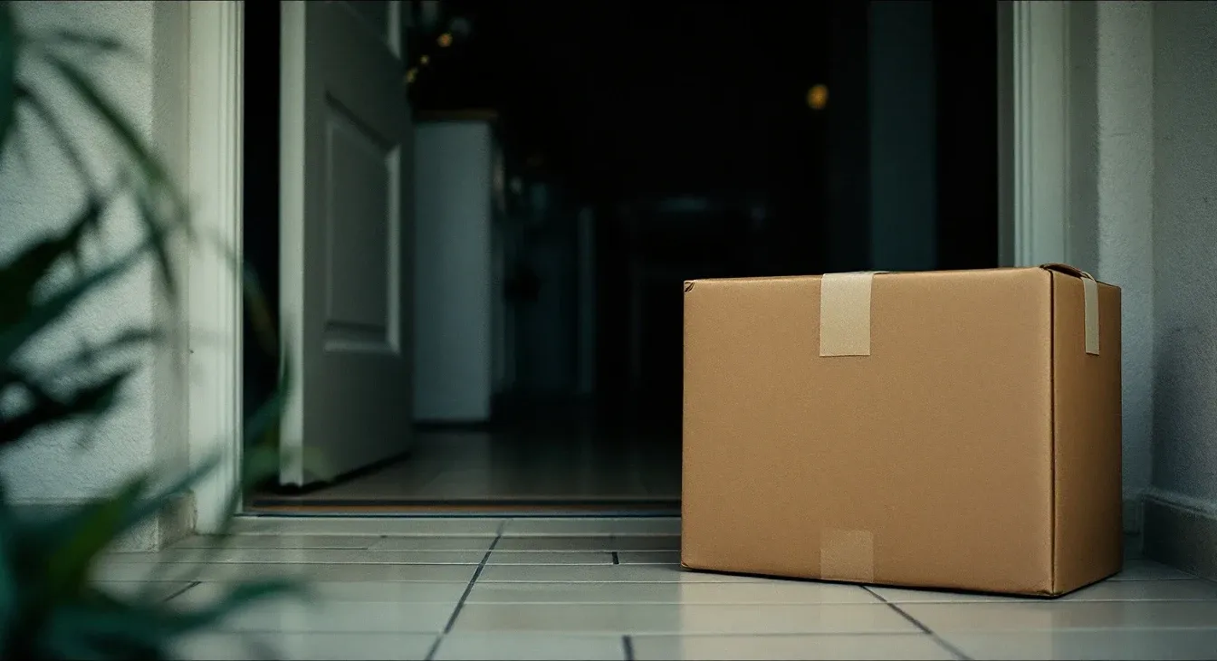 A plain unmarked cardboard parcel left on the tiled doorstep of an Australian house in early morning light.