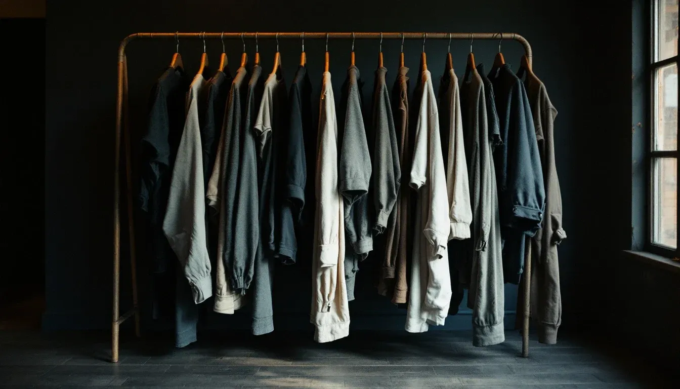 A rail of hanging garments in a dim independent clothing shop, warm light pooling from above.